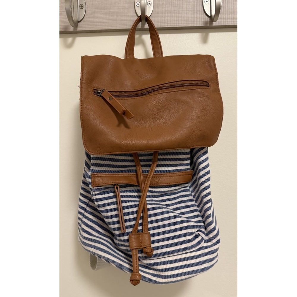 Madden Girl Stripped Back Pack Blue & White Canvas Faux Leather Trim Drawstring